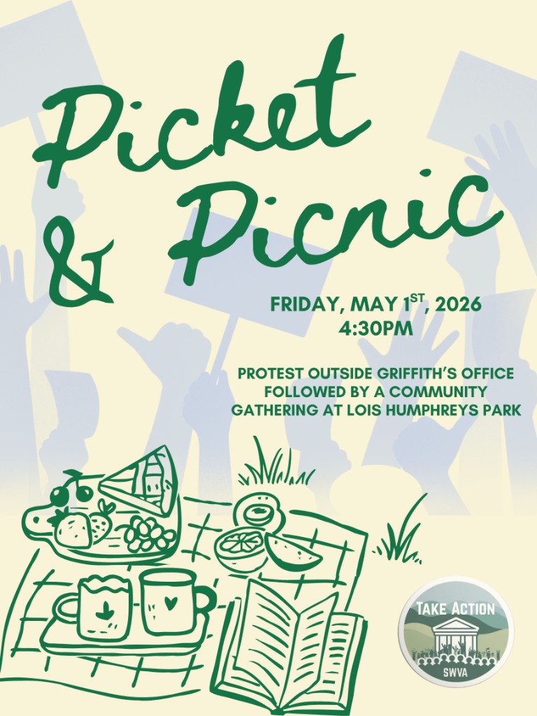 Take Action SWVA flyer for a Picket and Picnic event on Friday, May 1st, 2026 at 4:30 PM.